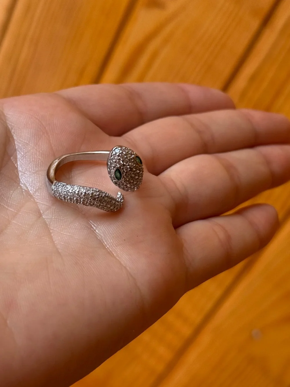 Pavé Silver Snake Wrap Ring with Green Eyes